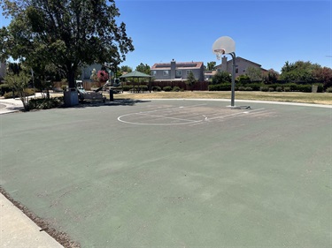 Basketball court with a hoop, bordered by a fence, with a playground structure and houses in the background.