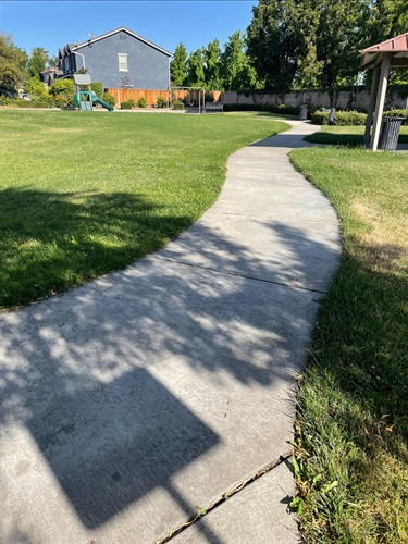 Curved paved walkway through a grassy lawn, with a playground, gazebo, houses, and fence in the background.