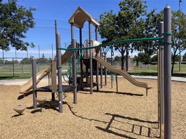 Playground with elevated play structures, slides, climbing features, and overhead monkey bars on a wood chip safety surface, surrounded by open grassy areas, chain-link fencing, and mature trees in a community park.