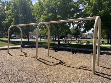 Four-bay swing set with belt swings over a wood fiber safety surface, surrounded by mature trees, grassy areas, and open park space.