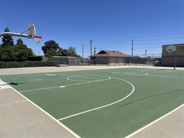 Outdoor basketball court with painted playing surface, multiple hoops, and surrounding concrete walkways, enclosed by chain-link fencing and bordered by mature trees and open park space under a clear blue sky.
