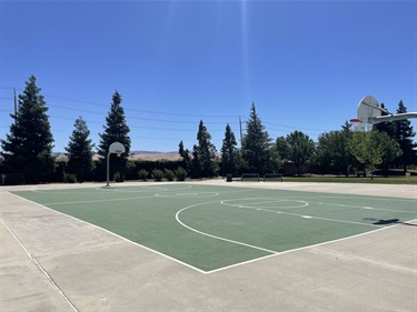 Outdoor basketball court with painted playing surface, multiple hoops, and surrounding concrete walkways, bordered by mature shade trees and open park space under a clear blue sky.