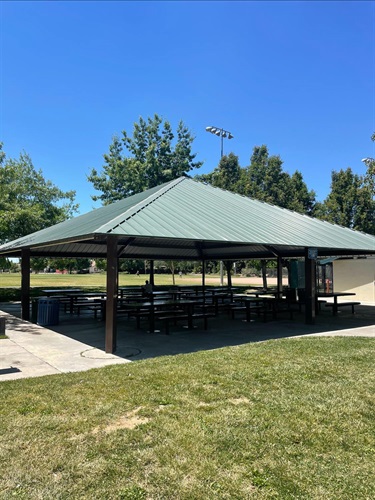 Large covered picnic pavilion with multiple picnic tables on a concrete pad, surrounded by open grassy areas, mature shade trees, walking paths, and nearby trash and recycling receptacles in a community park under a clear blue sky.