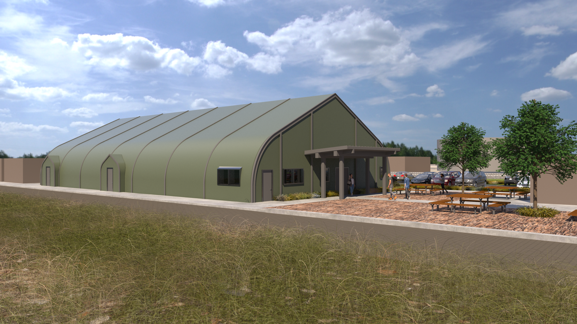 Concept Image of Green tent-like building with windows, doors, and outdoor seating on paved area.