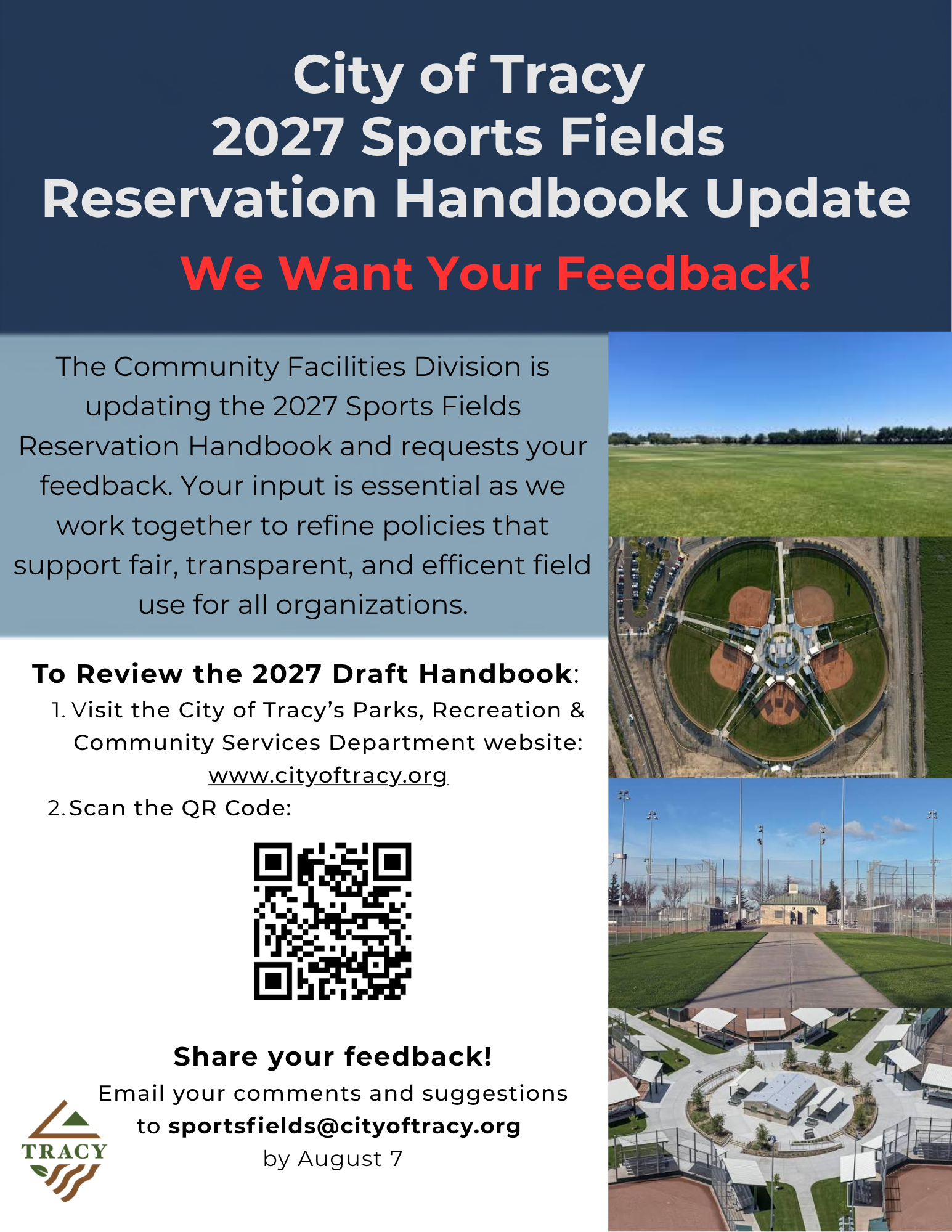 Flyer requesting public feedback on the City of Tracy’s 2027 Sports Fields Reservation Handbook update. Includes photos of Tracy sports fields, a QR code, and information on how to review the draft handbook and submit comments.