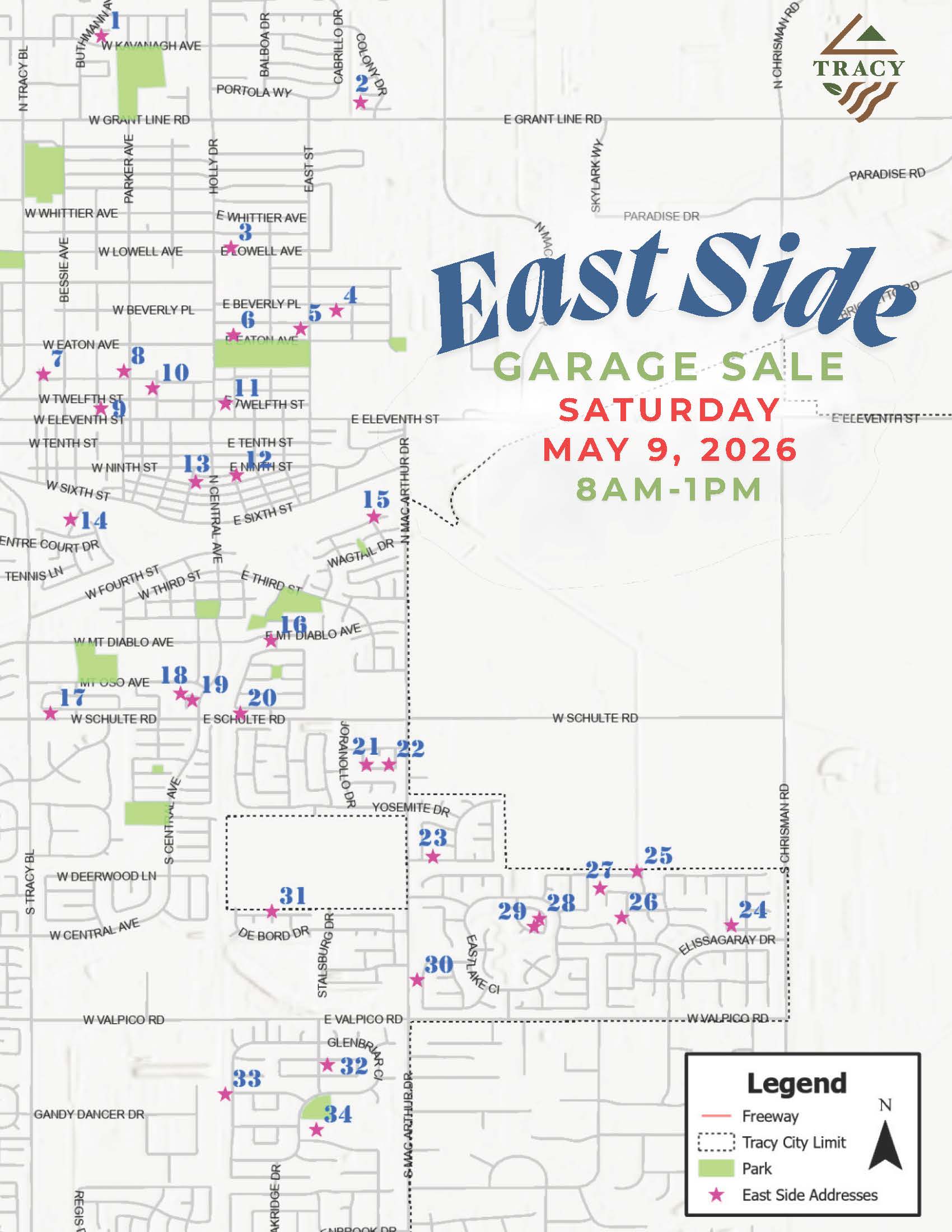 Map of Tracy highlighting locations for the East Side Garage Sale, with marked addresses across neighborhoods. Text reads ‘East Side Garage Sale, Saturday May 9, 2026, 8 AM–1 PM,’ with a legend indicating parks, city limits, and sale locations.