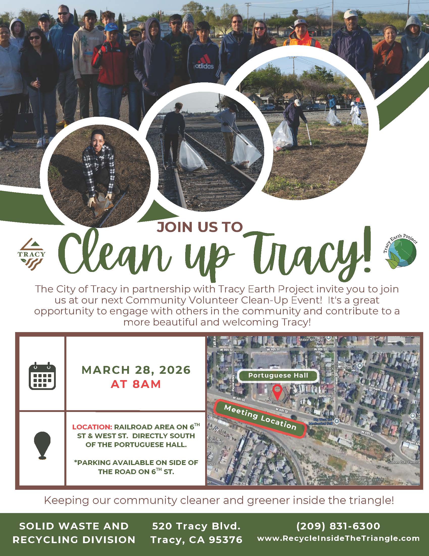 Promotional flyer for a City of Tracy and Tracy Earth Project community cleanup event. Includes photos of volunteers picking up litter, event details for March 28, 2026 at 8 AM, location near the railroad area at 6th Street and West Street south of Portuguese Hall, a map with meeting location, and contact information.