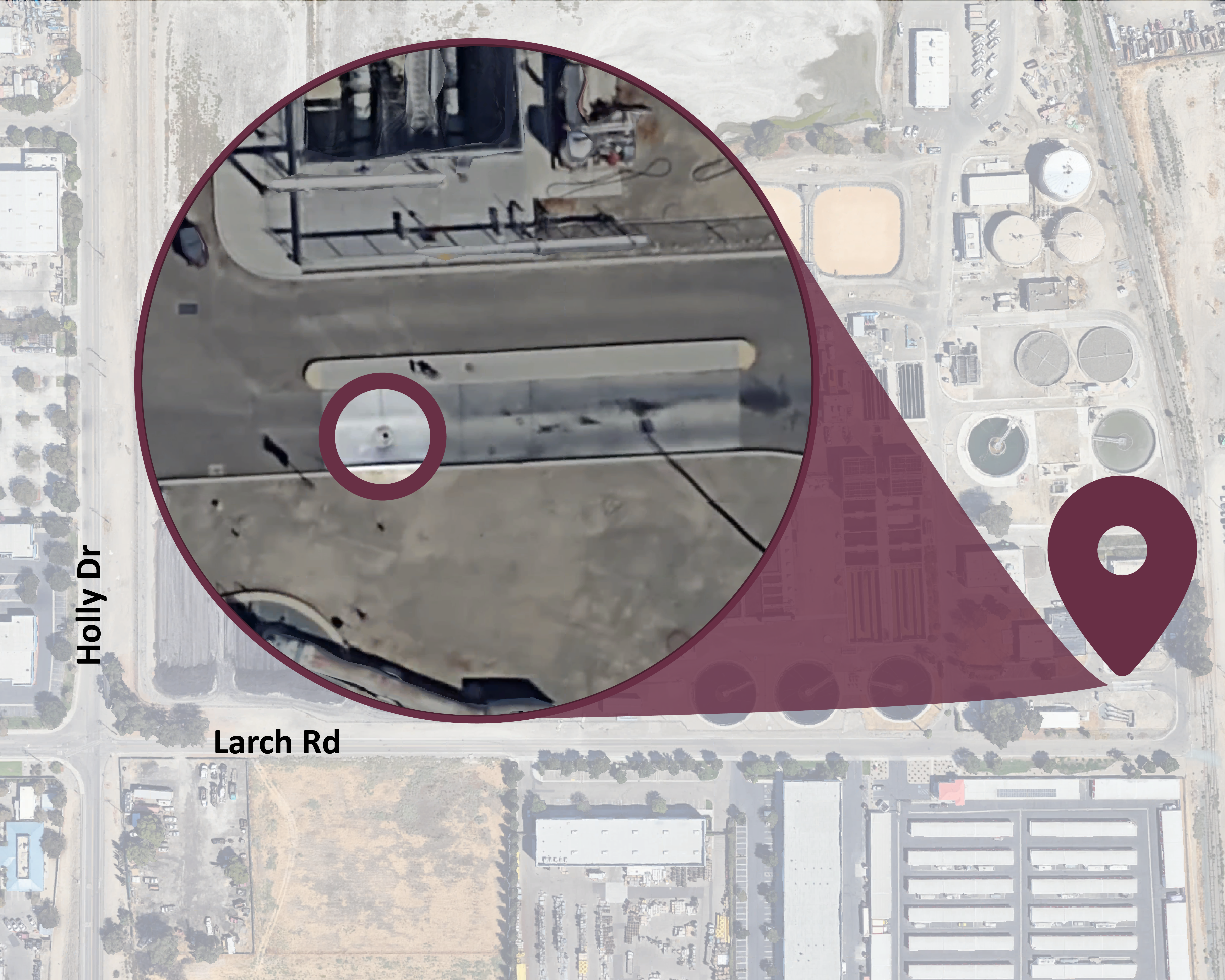 Aerial map showing the location of the RV dump station near Holly Drive and Larch Road, with a zoomed-in circle highlighting the specific manhole to use.