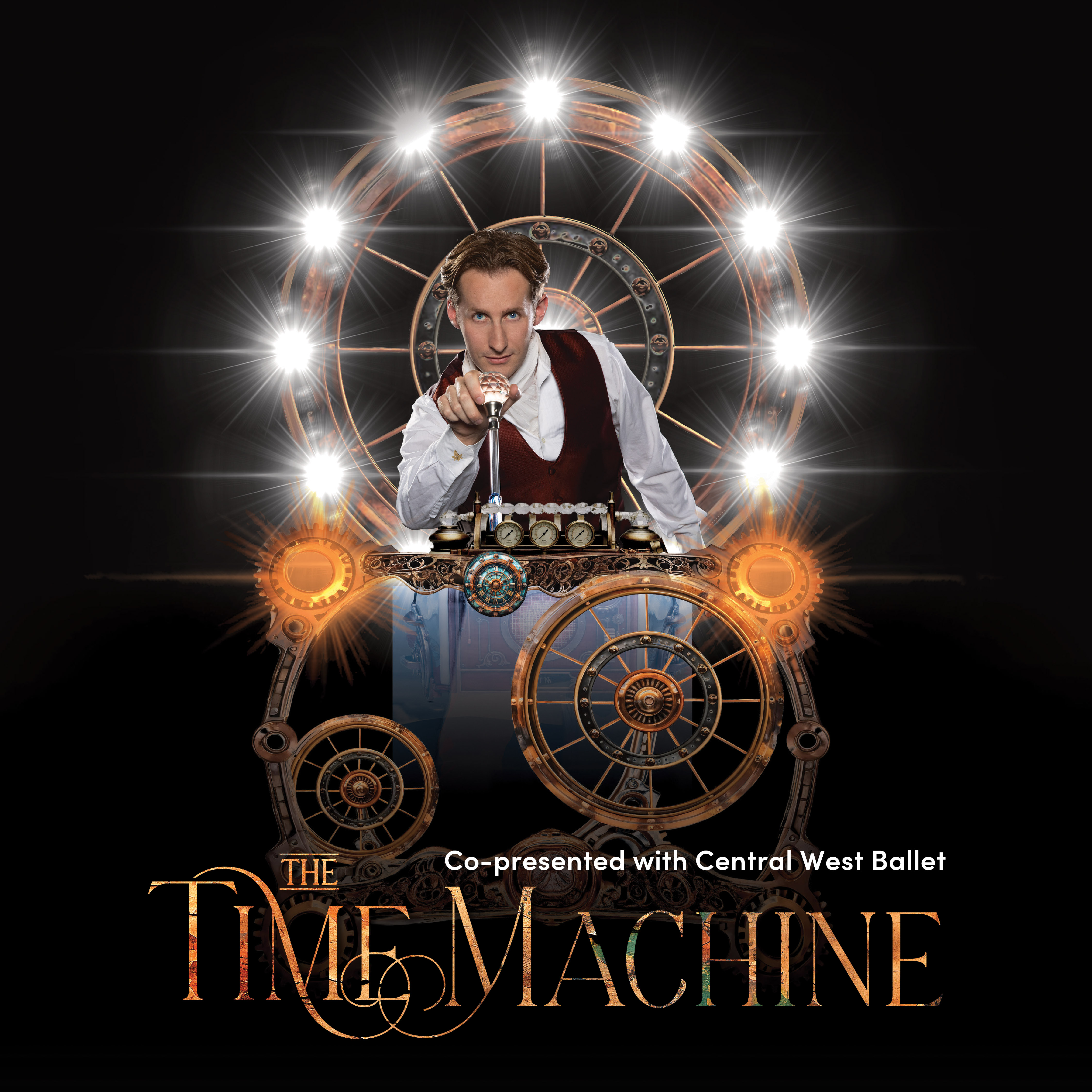 The Time Machine promotional poster featuring a performer surrounded by glowing gears and clockwork machinery against a black background.