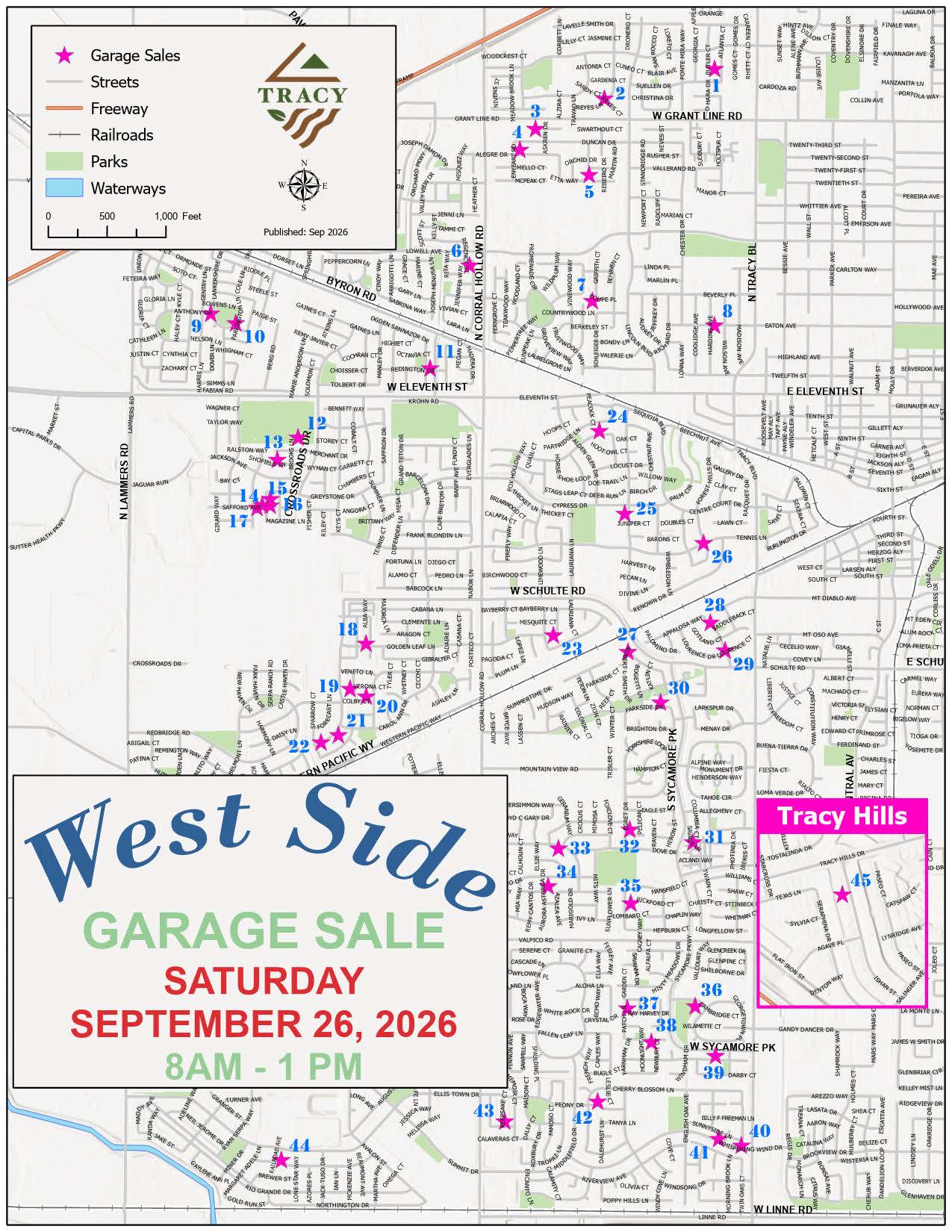 Map of Tracy showing 44 numbered garage sale locations across the west side and Tracy Hills for the West Side Garage Sale on Saturday, September 26, 2026, from 8 a.m. to 1 p.m.